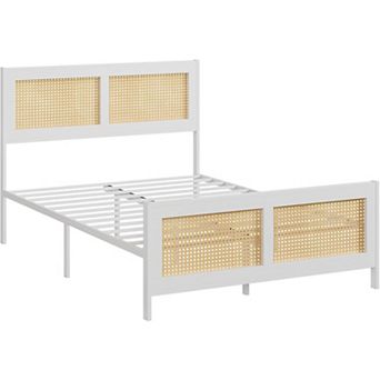 Boho Platform Bed with Rattan Headboard, Metal Slats and Ample Underbed Storage