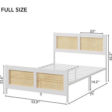 Boho Platform Bed with Rattan Headboard, Metal Slats and Ample Underbed Storage