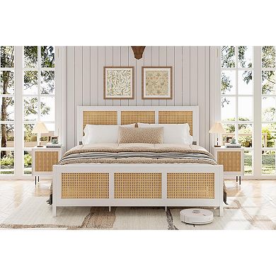 Boho Platform Bed with Rattan Headboard, Metal Slats and Ample Underbed Storage