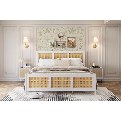 Boho Platform Bed with Rattan Headboard, Metal Slats and Ample Underbed Storage