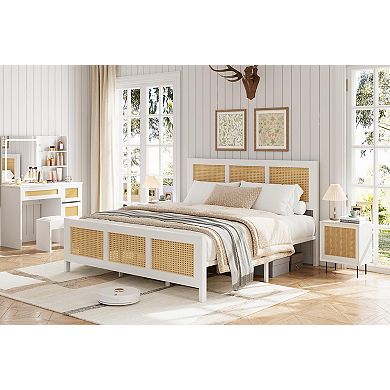Boho Platform Bed with Rattan Headboard, Metal Slats and Ample Underbed Storage
