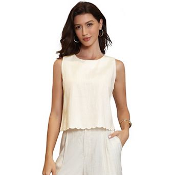 Linen Tank Top for Women's Sleeveless Summer Crew Neck Scallop Hem Office Cropped Vest Top