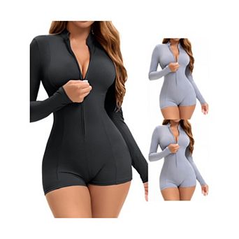 3 Packs Women's Long Sleeve Front Zip Basic Bodysuit High Neck Tummy Control Shapewear Leotard