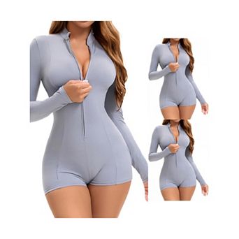 3 Packs Women's Long Sleeve Front Zip Basic Bodysuit High Neck Tummy Control Shapewear Leotard