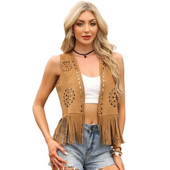 Faux Suede Tassel Cardigan for Women Open Front Western Fringe Vest Outfits