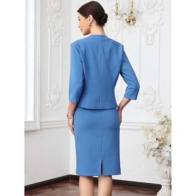 Skirt Suit Set for Women's 2 Piece Business Formal Office Work Collarless Blazer Pencil Skirts