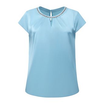 Women's Satin Keyhole Blouse Cap Sleeve Sparkly Chain Neck Rhinestone Tops