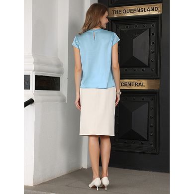 Women's Satin Keyhole Blouse Cap Sleeve Sparkly Chain Neck Rhinestone Tops