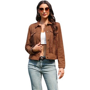 Faux Suede Fringe Jacket for Women's Button Down Long Sleeve Western Vintage Jackets