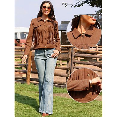 Faux Suede Fringe Jacket for Women's Button Down Long Sleeve Western Vintage Jackets