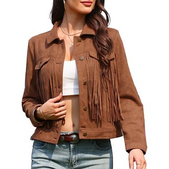 Faux Suede Fringe Jacket for Women's Button Down Long Sleeve Western Vintage Jackets