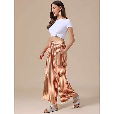 Casual Striped Pants for Women's Wide Legs Elastic Waist Drawstring Palazzo Lounge Pants