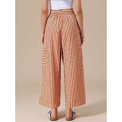 Casual Striped Pants for Women's Wide Legs Elastic Waist Drawstring Palazzo Lounge Pants