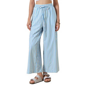 Casual Striped Pants for Women's Wide Legs Elastic Waist Drawstring Palazzo Lounge Pants