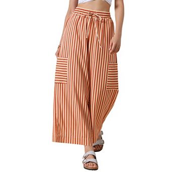 Casual Striped Pants for Women's Wide Legs Elastic Waist Drawstring Palazzo Lounge Pants