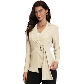Business Casual Blazer for Women's Belted Notch Lapel Buckle Waist Long Sleeve Office Jackets