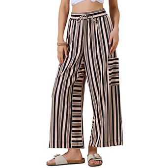 Casual Striped Pants for Women's Wide Legs Elastic Waist Drawstring Palazzo Lounge Pants