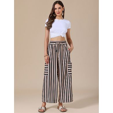 Casual Striped Pants for Women's Wide Legs Elastic Waist Drawstring Palazzo Lounge Pants