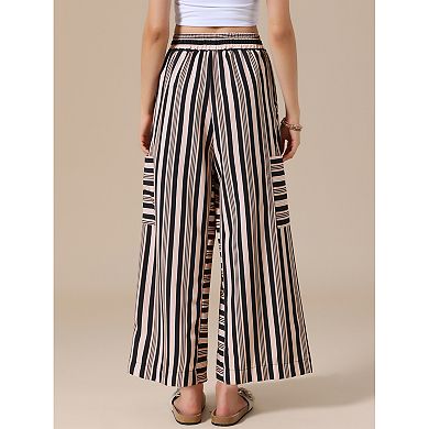 Casual Striped Pants for Women's Wide Legs Elastic Waist Drawstring Palazzo Lounge Pants