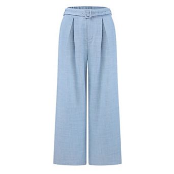 Women's Work Pant Wide Leg Belted Business Casual Straight Long Trousers