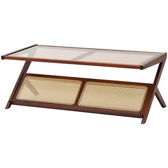 Z-Shaped Rattan Coffee Table with Tempered Glass Top and Magazine Rack Walnut