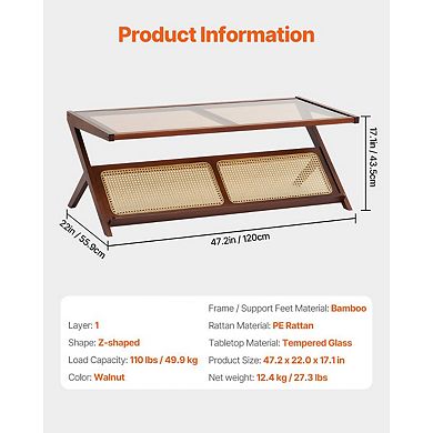 Z-Shaped Rattan Coffee Table with Tempered Glass Top and Magazine Rack Walnut