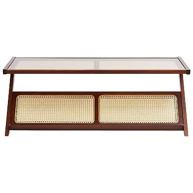 Z-Shaped Rattan Coffee Table with Tempered Glass Top and Magazine Rack Walnut