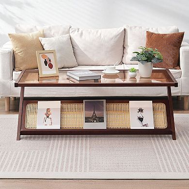 Z-Shaped Rattan Coffee Table with Tempered Glass Top and Magazine Rack Walnut