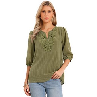 Casual Chiffon Blouses for Women's 3/4 Sleeve V Neck Puffy Sleeves Embroidery Tunic Shirts