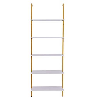 White and Gold Wall Shelf Unit with 5 Open Tiers for Books, Bins, and Home Organization