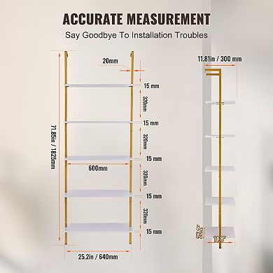 White and Gold Wall Shelf Unit with 5 Open Tiers for Books, Bins, and Home Organization