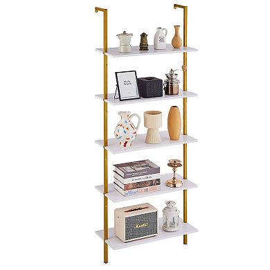 White and Gold Wall Shelf Unit with 5 Open Tiers for Books, Bins, and Home Organization