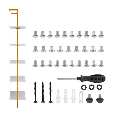 White and Gold Wall Shelf Unit with 5 Open Tiers for Books, Bins, and Home Organization