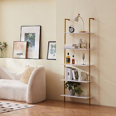 White and Gold Wall Shelf Unit with 5 Open Tiers for Books, Bins, and Home Organization