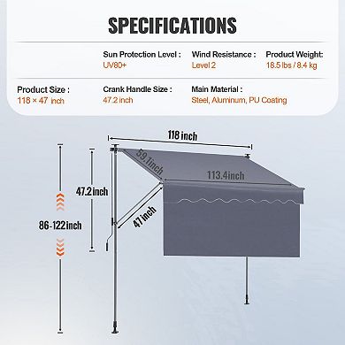 118" Garden Sunshade Awning with Height Adjustment and Privacy Screen