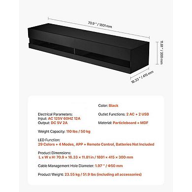 Wall-Mount TV Stand with LED Lighting and Quiet-Close Storage Doors Black