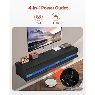 Wall-Mount TV Stand with LED Lighting and Quiet-Close Storage Doors Black