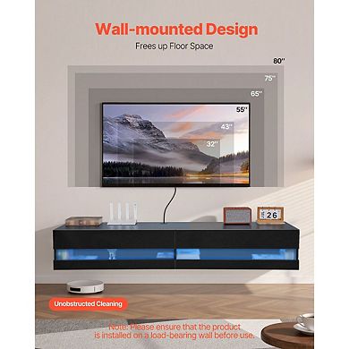Wall-Mount TV Stand with LED Lighting and Quiet-Close Storage Doors Black