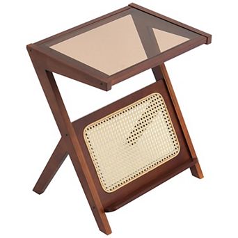 Z-Shaped Rattan Coffee Table with Glass Top and Magazine Rack Walnut