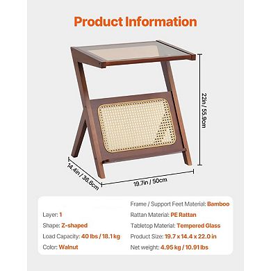 Z-Shaped Rattan Coffee Table with Glass Top and Magazine Rack Walnut
