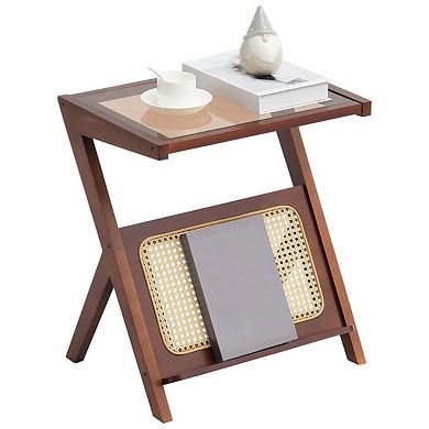 Z-Shaped Rattan Coffee Table with Glass Top and Magazine Rack Walnut