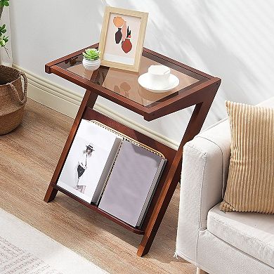 Z-Shaped Rattan Coffee Table with Glass Top and Magazine Rack Walnut