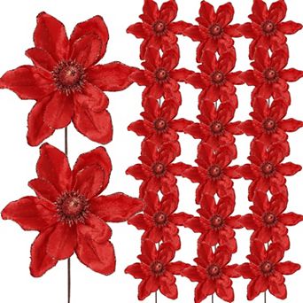 20 pc Velvet Glitter Wire Christmas Magnolia Flower Decorations