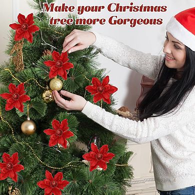 20pcs Velvet Glitter Wire Christmas Magnolia Flower Decorations