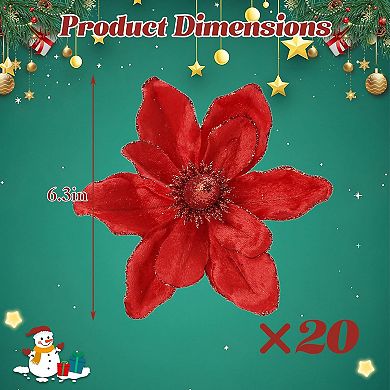 20pcs Velvet Glitter Wire Christmas Magnolia Flower Decorations