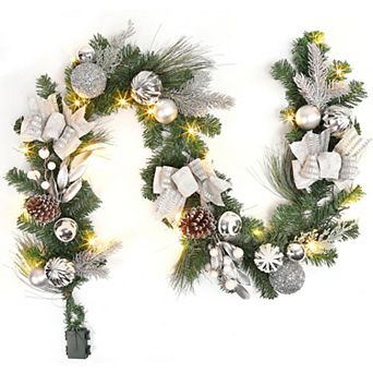 6 FT Pre-Lit Christmas Garland with Lights & 8 Mode,Artificial Green Rattan Garland with Glitter Bow