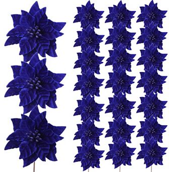 24 pc Poinsettia Flowers Artificial, 6.3 in Large Velvet Christmas Flowers with Stems, Floral Picks