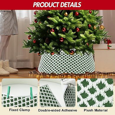 Christmas Tree Collar Decoration,Diamond-Grid Design Plush Christmas Tree Skirt with 2 Matching Clip