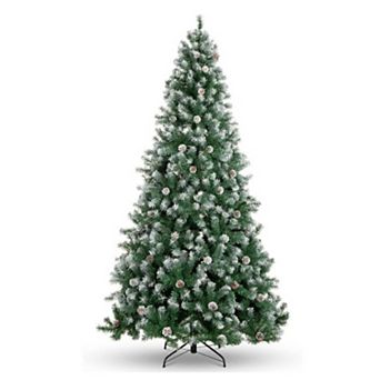 Prelit Pencil Snow Flocked Christmas Tree, Pre-Decorated with Pine Cones Trees with Foldable Stand