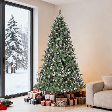 Prelit Pencil Snow Flocked Christmas Tree, Pre-Decorated with Pine Cones Trees with Foldable Stand